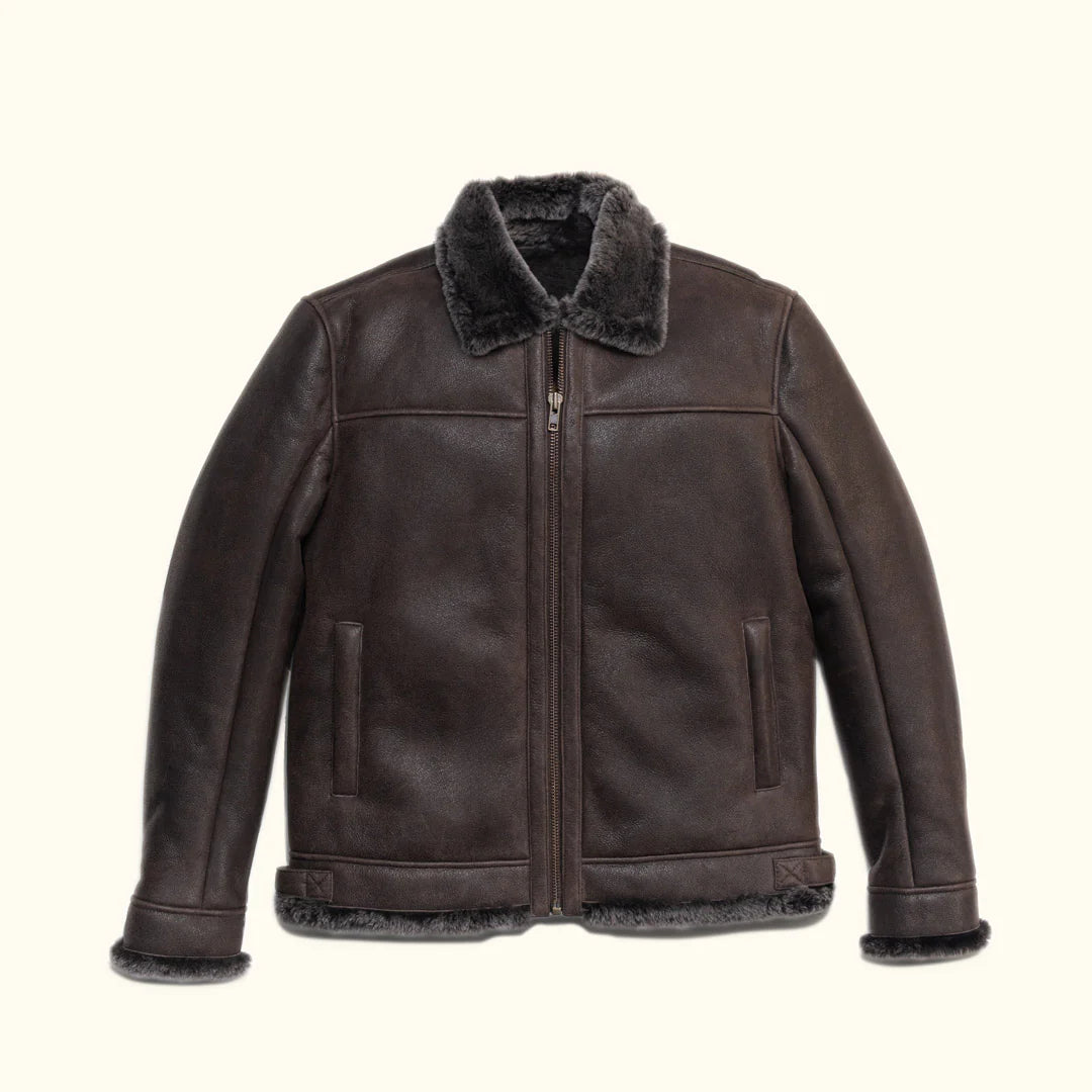 Men's Espresso Brown Shearling Leather Bomber Jacket