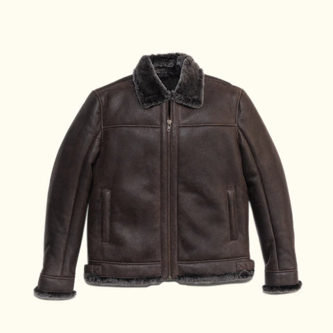 Men's Espresso Brown Shearling Leather Bomber Jacket