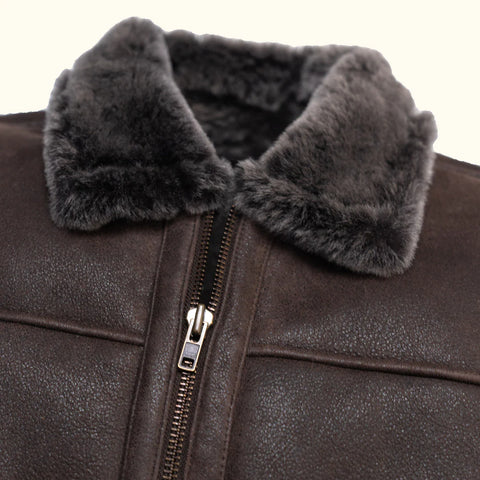 Men's Espresso Brown Shearling Leather Bomber Jacket