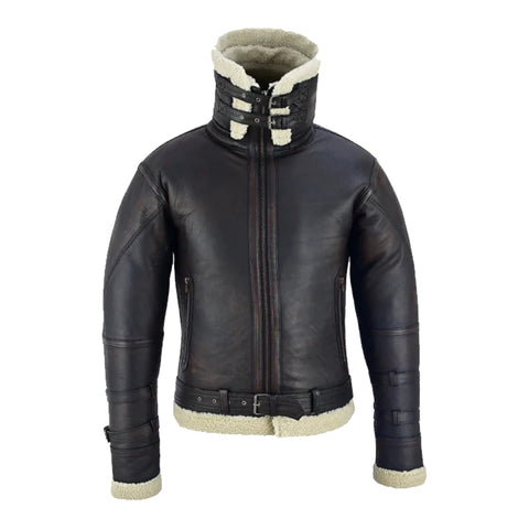 Men's Leather Aviator Bomber Jacket Sheepskin Fur Double Collar