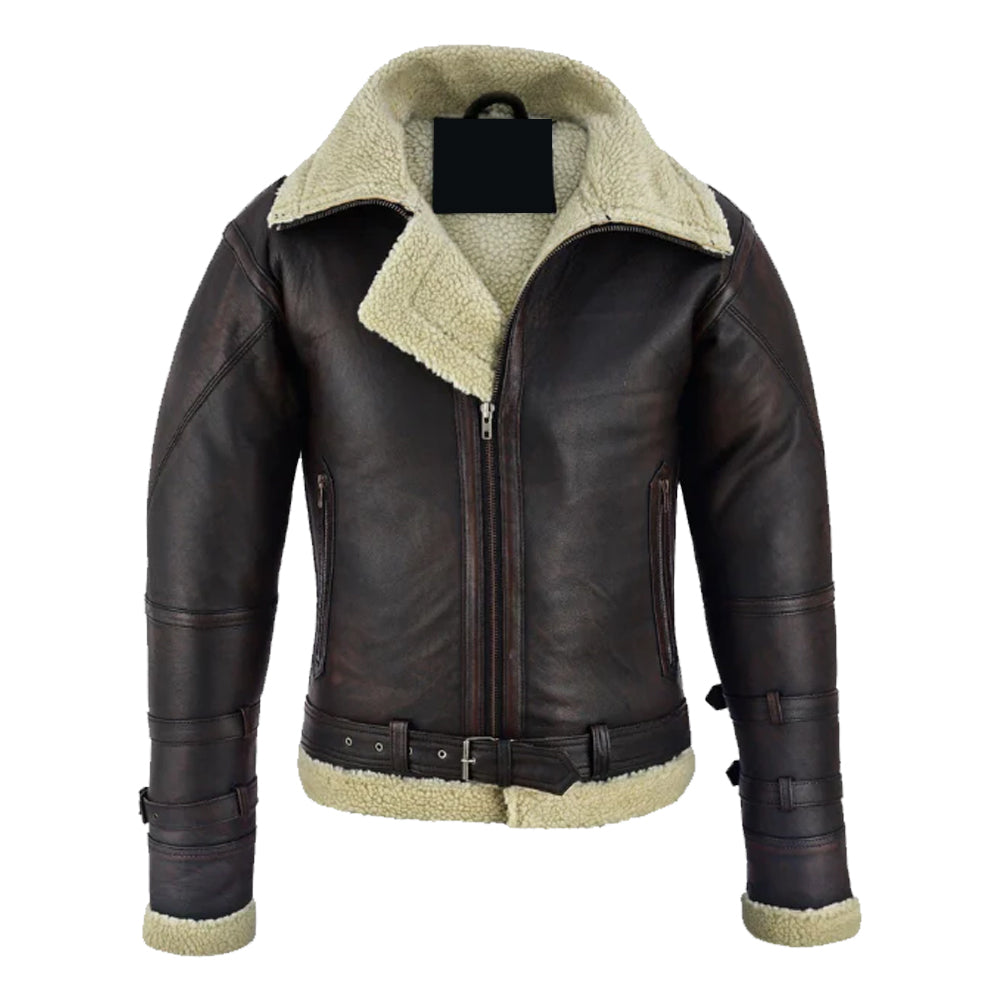 Men's Leather Aviator Bomber Jacket Sheepskin Fur Double Collar