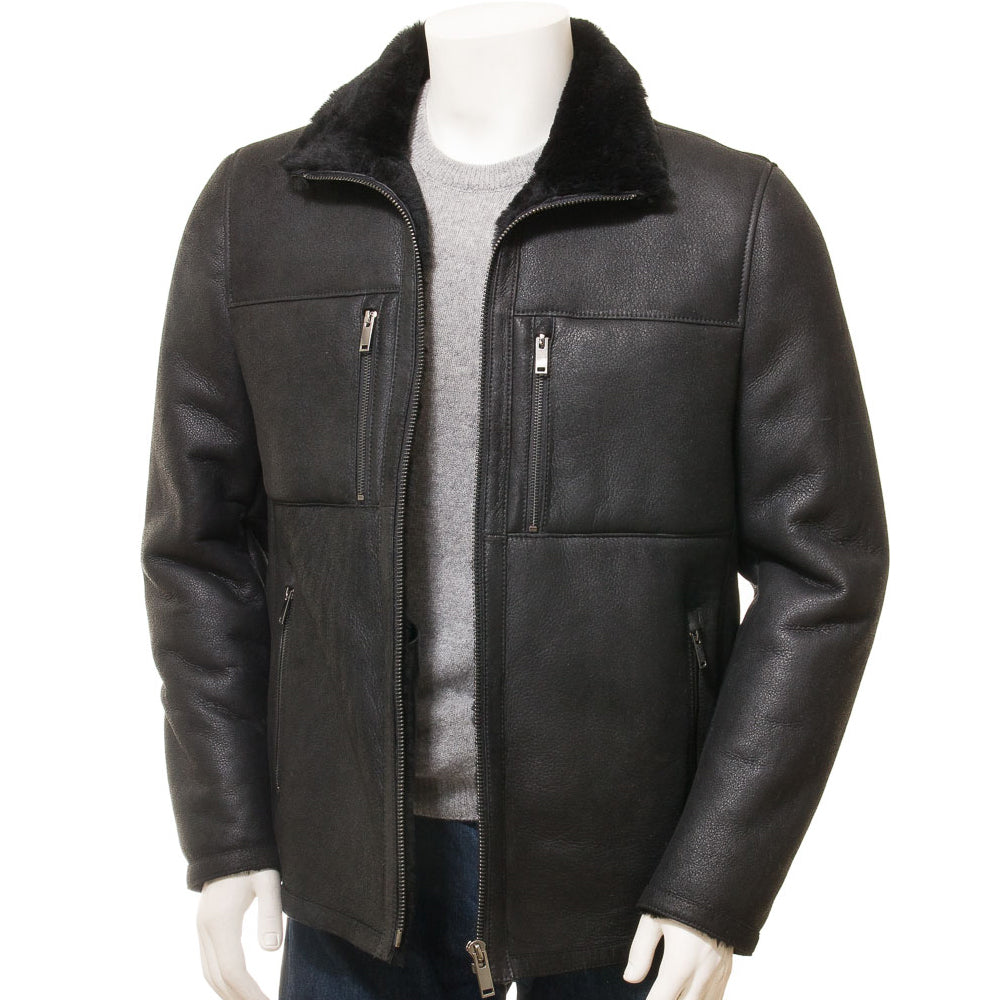 MEN'S BLACK SHEEPSKIN BIKER  SHEARLING JACKET