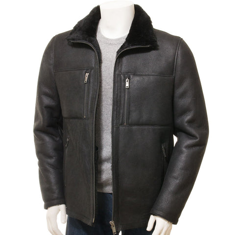 MEN'S BLACK SHEEPSKIN BIKER  SHEARLING JACKET