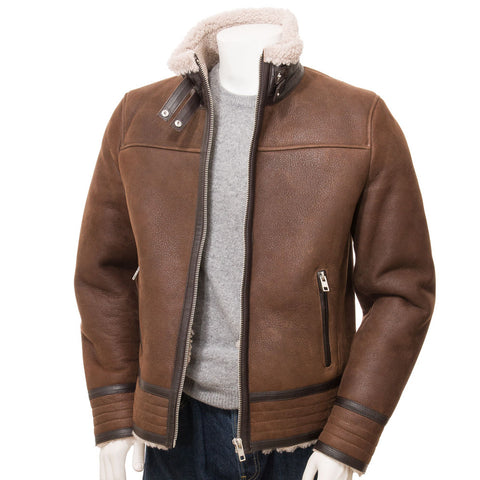 Men’s Shearling-Lined Biker Leather Bomber Jacket