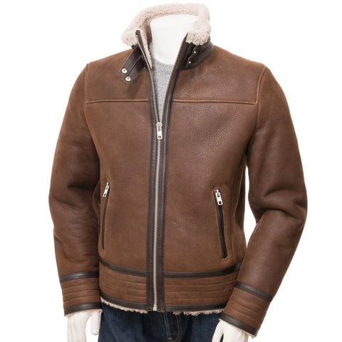 Men’s Shearling-Lined Biker Leather Bomber Jacket