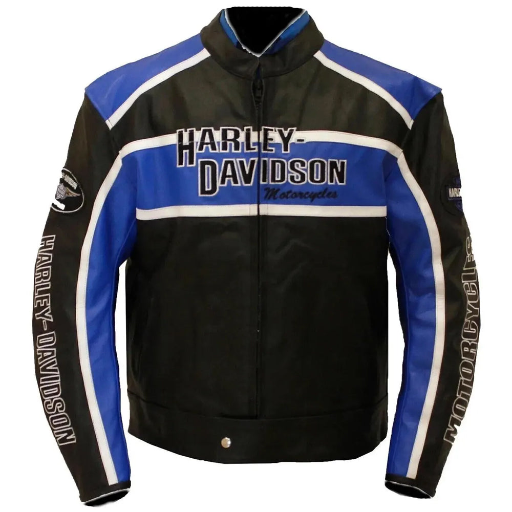 Black & Blue Harley Davidson Replica Leather Motorcycle Jacket