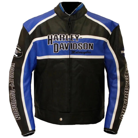 Black & Blue Harley Davidson Replica Leather Motorcycle Jacket