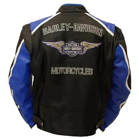 Black & Blue Harley Davidson Replica Leather Motorcycle Jacket
