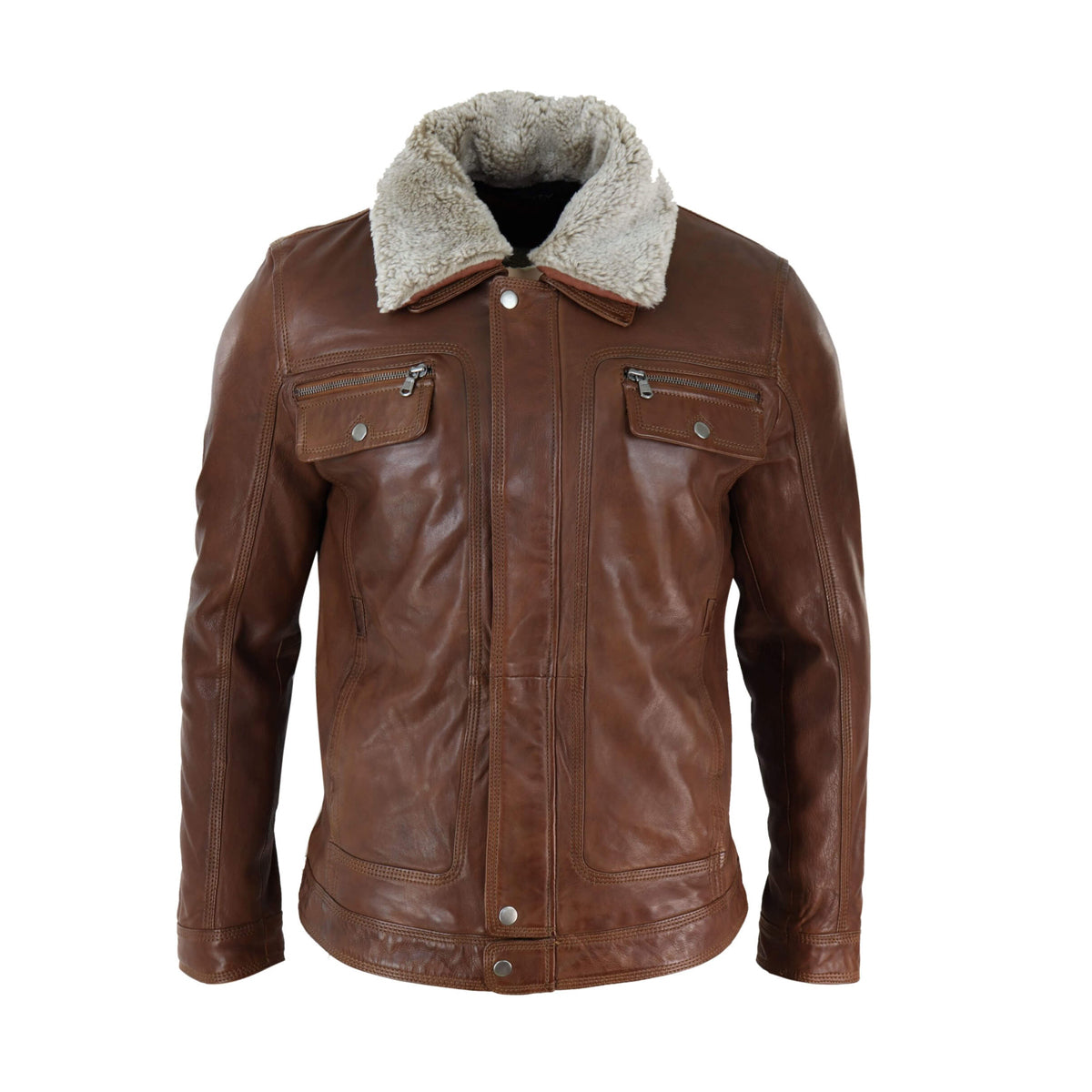 Brown Bomber Leather Jacket With Fur
