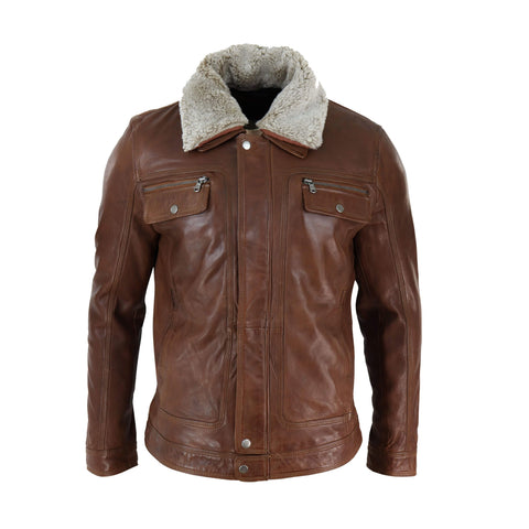 Brown Bomber Leather Jacket With Fur