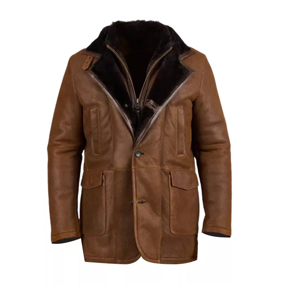 Men's Brown Fur Double Shearling Genuine Leather Jacket