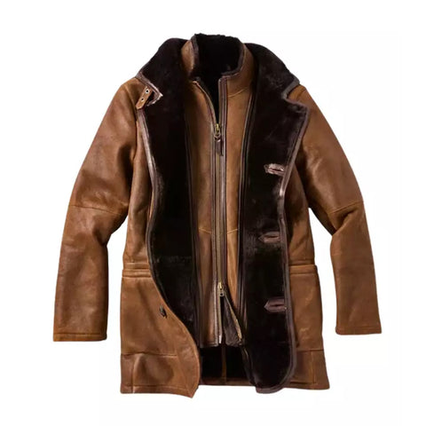 Men's Brown Fur Double Shearling Genuine Leather Jacket