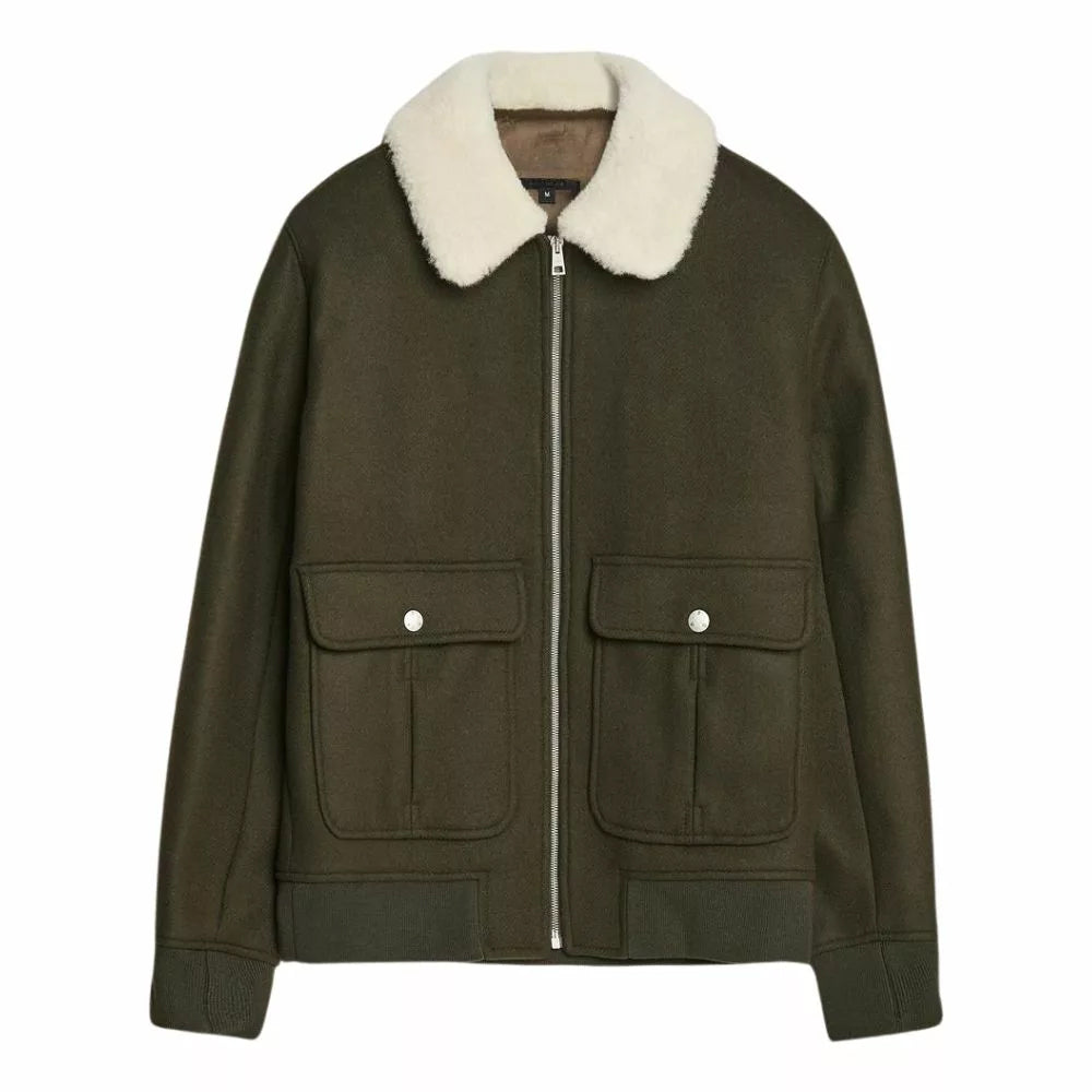 Men's Wool Blend Bomber Shearling Collar Jacket