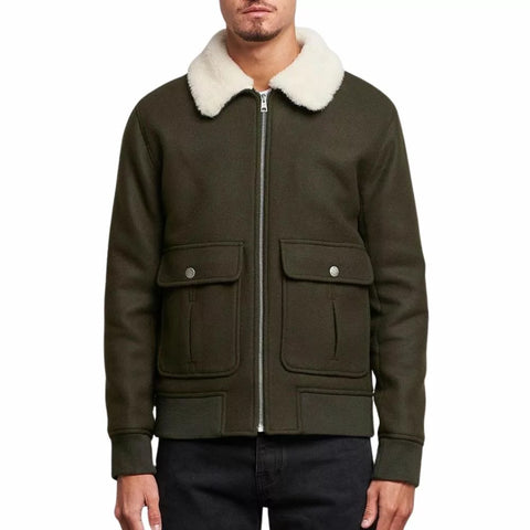 Men's Wool Blend Bomber Shearling Collar Jacket